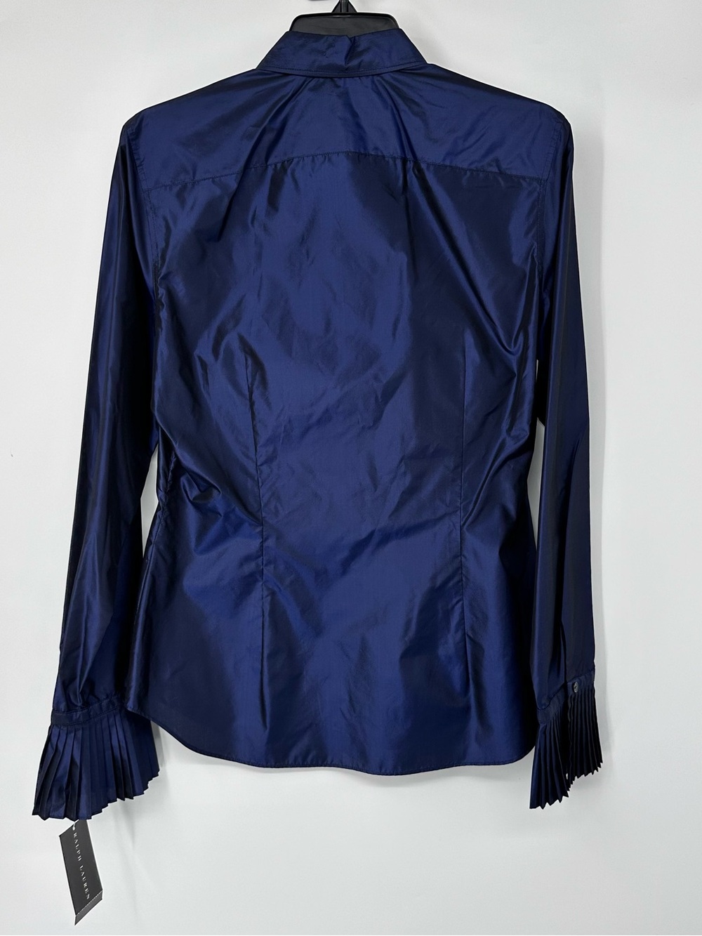 Ralph Lauren Vintage Midnight Navy Satin Blouse Pleated Accordion Cuffs Size 10 - Picture 4 of 5
